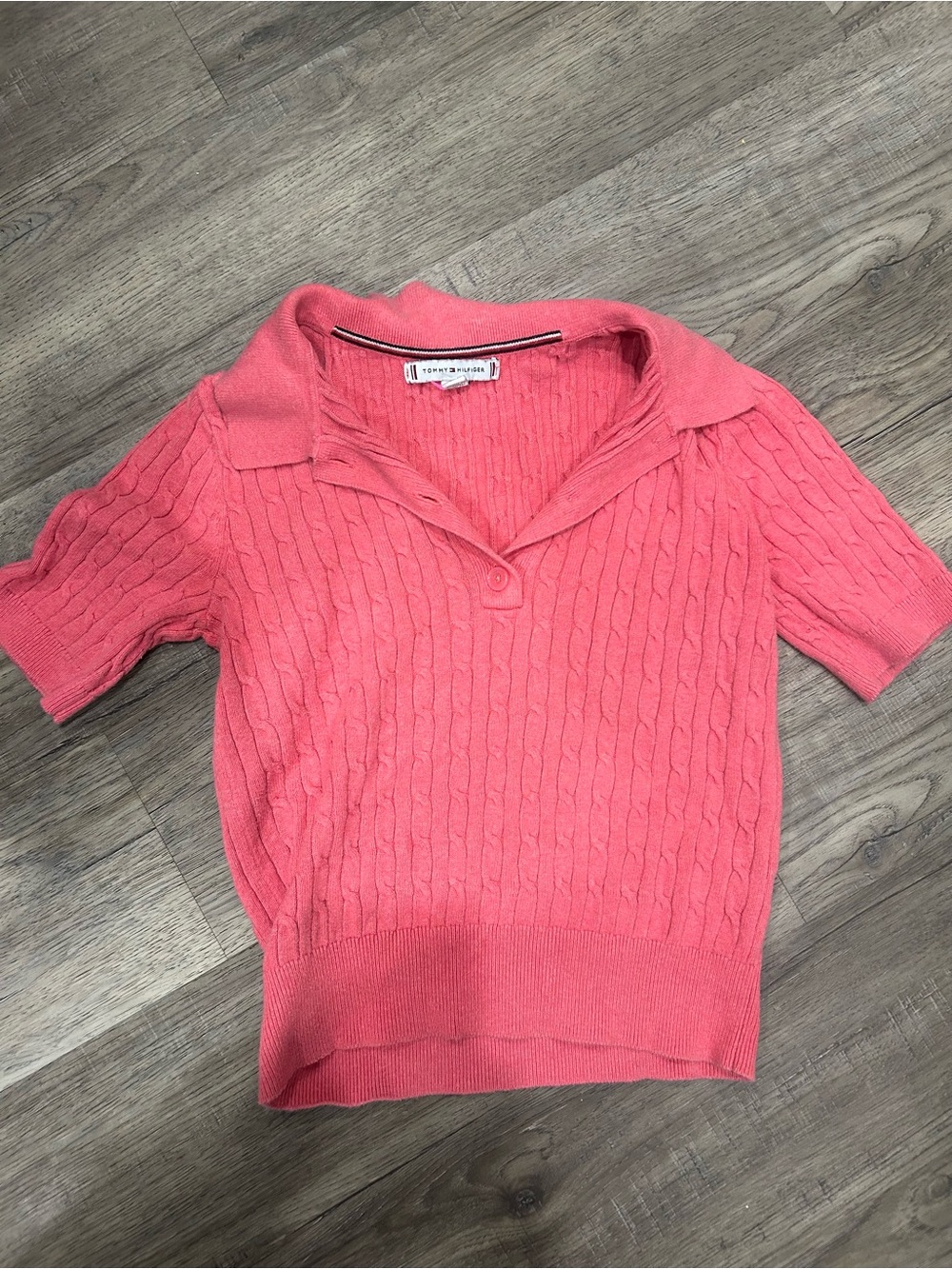Tommy Hilfiger Coral Pink Cable-Knit V-Neck Polo Sweater